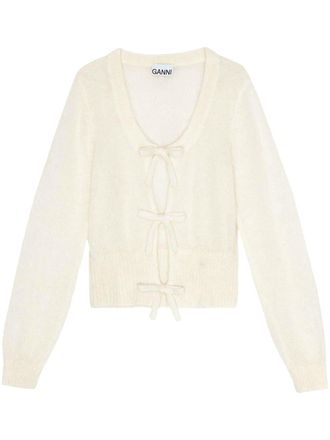 Ganni bow detailing long sleeve cardigan - women - Merino/Recycled Polyamide/Mohair - M - Neutrals