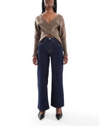 Only Juicy high waisted wide leg jeans with contrast stitch in indigo wash-Blue