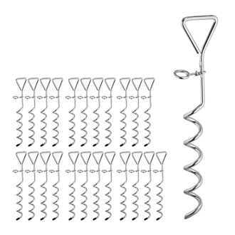 Relaxdays 24 Piquetas Para Camping, Espiral, Carpas & Cama El&aacute;stica, Acero, Sistema De Anclaje, 42 Cm, Plateado