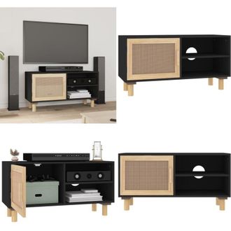 vidaXL Mobile TV Nero 80x30x40 cm Massello Pino e Rattan Naturale - TV stand - Mobile TV Nero