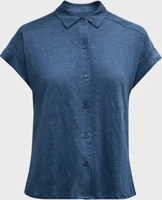Majestic Filatures Stretch Linen S/S Shirt With Rolled Cuff in Bleu Taormina at Nordstrom, Size 4