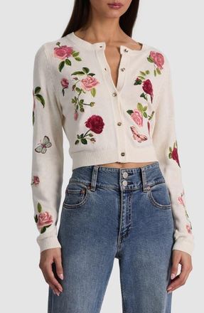 Alice & Olivia Dollie Embroidered Cotton & Linen Blend Cardigan in Garden Gossip Off White at Nordstrom, Size X-Large