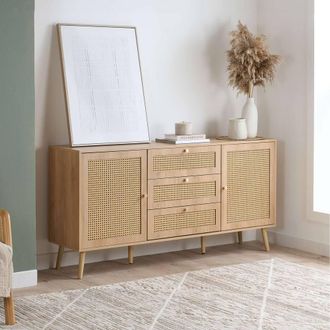 Birlea Croxley 2 Door 3 Drawer Sideboard Oak Rattan Storage Cabinet in Light Oak