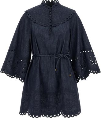 Zimmermann Mahon Broderie Denim Mini - Dames - Korte kleedjes - Blauw - S - Denim - Kleedjes