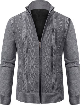 Generic Mens Knitted Cardigans Full Front Zip Closure Zipper Cardigan Mens Knitted Cardigan Tops Blouse with Pocket Full Zip Stand Collar Warm Jumper Grey