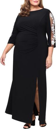 S.L. Fashions Embroidered Illusion Sleeve Jersey Gown in Black Ivory at Nordstrom, Size 16W