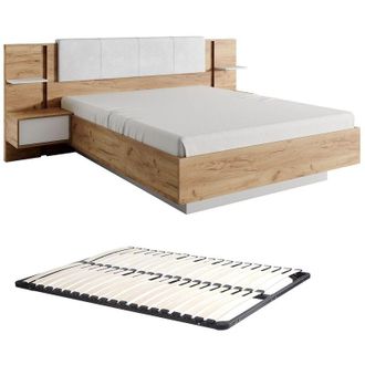 Vente-Unique Letto con comodini Con LED 160 x 200 cm Naturale e Bianco + Rete - ELYNIA