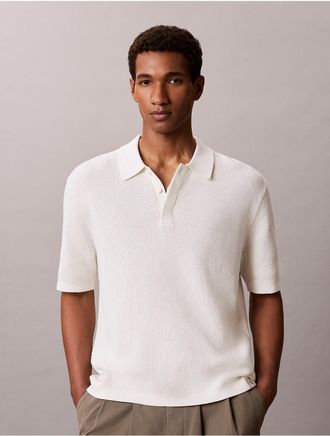Calvin Klein Mens Smooth Cotton Waffle Sweater Polo Shirt - White/Natural - 2XL
