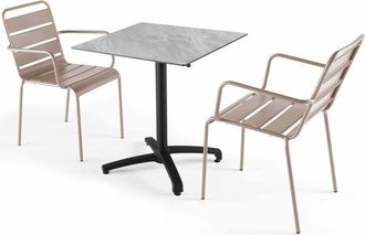 Oviala Mesa reclinable de marmol 70x70 cm con 2 sillas de metal taupe