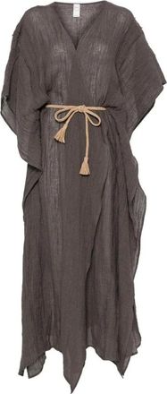 120% Lino Vestido Kaft&aacute;n Oversize con Cuello en V - Dresses - Mujer - Marr&oacute;n - ONE SIZE