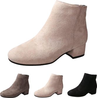 Generic Womens Retro Boots Womens Side Zip Boots Pointed Toe Chunky Block Boot Fashion Chelsea Booties Solid Colour Short Boot Classic Suede Bootie Comfortabl