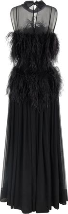 Alberta Ferretti Feather-Embellished Silk Chiffon Dress - Black