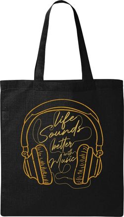 Generic Life Sounds Better With Music Headphones Logo Natural Ecological Cotton Tote Bag Black