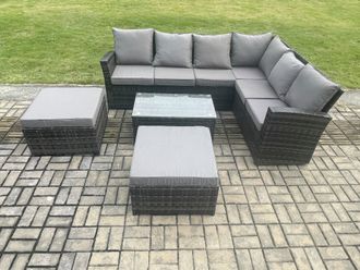 Fimous Wicker PE Outdoor Garden Furniture Set High Back Rattan Corner Sofa Set with Rectangular Coffee Table 2 Big Footstool in Dark Grey