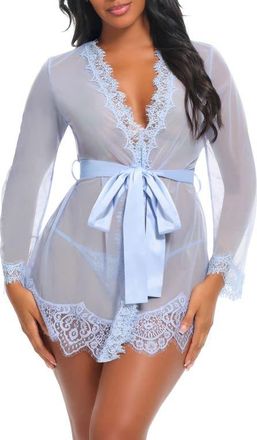 Oh l&agrave; l&agrave; Ch&eacute;ri Lace Trim Mesh Robe & G-String Set in Brunnera Blue at Nordstrom, Size Large/x-Large