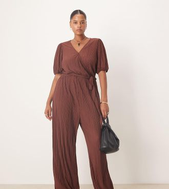 Vila VILA Curve - Tuta jumpsuit pliss&eacute; a portafoglio marrone cioccolato