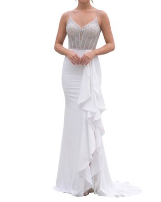Portia & Scarlett Beaded Fitted Long Evening Gown In White