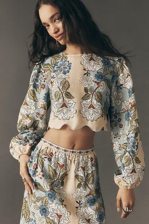 Farm Rio Garden Linen Scalloped Crop Top