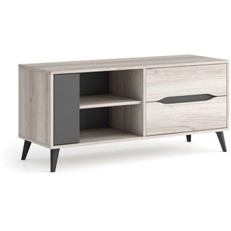 Skraut Home Skraut Home - Mueble Tv 110, 2 Cajones + 1 Puerta, Sal&oacute;n Comedor, Modelo Kai, Color Roble, Gris, Medidas 113x40x52 Cm De Altura
