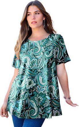 Roaman's Plus Size Ultimate Cotton Crewneck Short Sleeve Swing Tee in Emerald Paisley Vines at Nordstrom, Size Medium