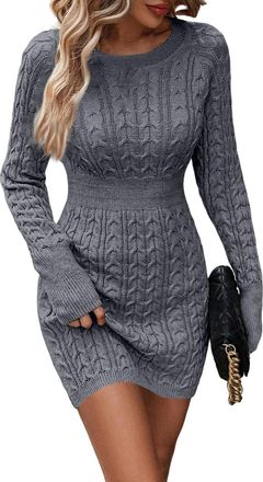Generic Womens Round Neck Long Sleeve Knitted Jumper Dress Slim Fit Bodycon Pencil Mini Dresses Soft Ribbed Knit Casual Daily Wear UK Solid Color Fashion Outf