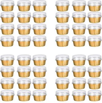 OEM Vasitos De Postre Con Tapa, Paquete De 200 Unidades, Soportes Para Hornear De Papel De Aluminio Dorado, Peque&ntilde;os Moldes Para Pasteles Transparentes