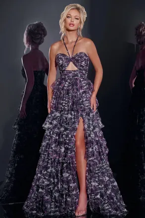Jovani Floral Tiered Strapless Gown In Purple