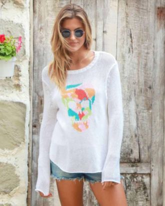 Wooden Ships Rainbow Skull Crewneck Sweater In White/breaker
