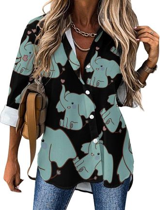 Generic Heart Elephant Blouses for Women Casual Long Sleeve Shirts Hawaiian Button Down Tee Tops S