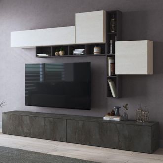 Dmora Pared Modular Ippona, 5 Estantes, Apertura Abatible Y De Batiente, 276x40x200h Cm Negro Antracita