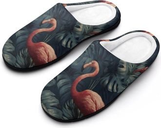 Generic Flamingos Tropical Plant Monstera Slippers Men Winter Warm Cotton Anti-Slip Indoor Slip-Ons House Shoes