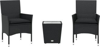 vidaXL Mesita Y Sillas Con Cojines 3 Pzas Rat&aacute;n Sint&eacute;tico Vidrio Negro Vidaxl