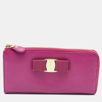 Ferragamo Pink Saffiano Leather Vara Bow Zip Continental Wallet