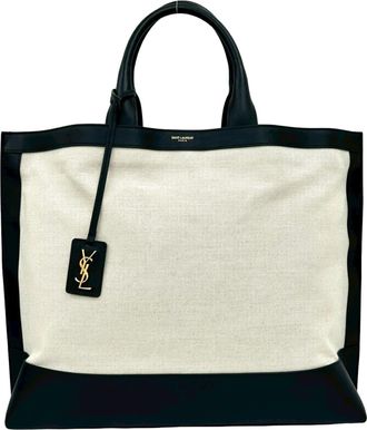 Saint Laurent Black White Leather Canvas Tote Bag (Pre-Owned)