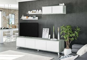Dmora Dmora - Mueble De Pared Dmuldu, Conjunto De Sal&oacute;n, Mueble De Sal&oacute;n Multiusos, Mueble De Pared Moderno, 200x41h50 Cm, Cemento Y Blanco Brillante