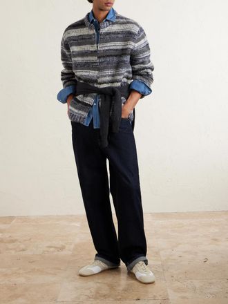 The Elder Statesman Boucle Striped Cashmere-Blend Zip-Up Cardigan