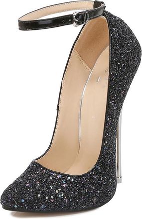 Generic Black,8.5 UK,Womens Sequined High Heels Pointy Closed Toe Pumps Ankle Strap Stiletto Heel Dress Wedding Party Prom Shoes