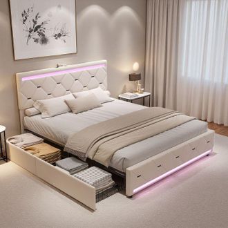 OEM Cama 140x190 Cm, 2hxf, Usb, Led, Escandinavo, Cama Para Adultos, Marco De Cama Doble 140x190 Cm, Terciopelo, Beige