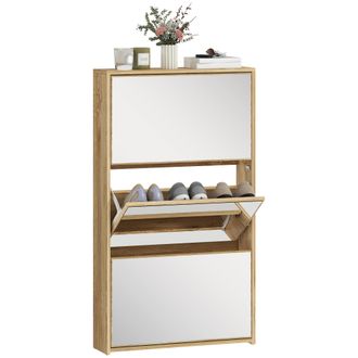 OEM Zapatero Entrada Recibidor Con 3 Puertas Con Espejo Zapatero Estrecho Para 9 Pares De Zapatos 65x17x114,5 Cm Natural