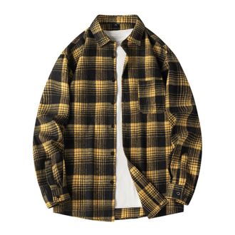 Generic Plaid Shirts for Men Long Sleeve Button Down Shirt Autumn Jacket Loose T-Shirts Regular Fit Tops Blouse with Pocket Camisas Vaqueras(Yellow, XXXL)