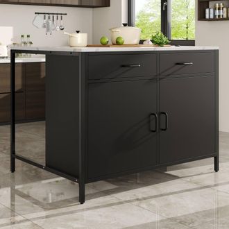 Merax Black Kitchen Island Cabinet with Marble Effect Top, Coffee Bar Table