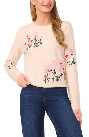 CeCe by Cynthia Steffe Flower Embroidery Crewneck Sweater in Birch at Nordstrom, Size Xx-Large