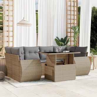 vidaXL Vidaxl - Set Sof&aacute;s De Jard&iacute;n 7 Piezas Y Cojines Rat&aacute;n Sint&eacute;tico Beige
