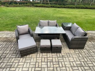 Fimous 8 Seater Lounge Rattan Sofa Set Outdoor Garden Furniture Oblong Rectangular Dining Table With Chairs 3 Footstools Side Table in Dark Grey
