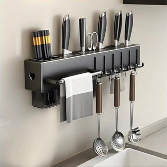OEM Estanter&iacute;a De Pared Para Cocina Con 6 Ganchos Y Toallero, Soporte Para Cuchillos, Perforadora De Pegatinas/perforaciones, Cuchillo Y Cubiertos