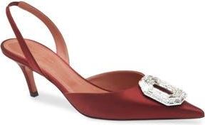 Amina Muaddi Camelia Crystal Buckle Slingback Pump in Satin Wine White Buckle at Nordstrom Rack, Size 5Us / 35Eu