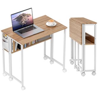 HOMCOM 80 Cm Foldable Computer Desk On Wheels For Small Spaces - Natural wood finish | TJ Hughes