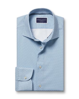 CHARLES TYRWHITT Semi-Cutaway Collar Non-Iron Stretch Print Cotton Shirt - Blue Size Large by Charles Tyrwhitt
