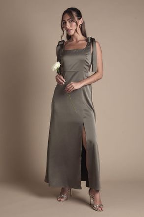Oasis Womens Olive Satin Tie Shoulder Midi Bridesmaid Dress - Green - Size 12 UK