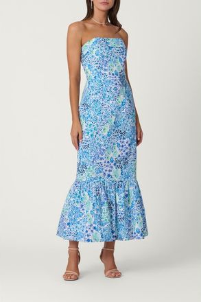 Shoshanna Midnight Wildflower Cotton Faille Wright Dress in Optic/tonal Blue at Nordstrom, Size 10